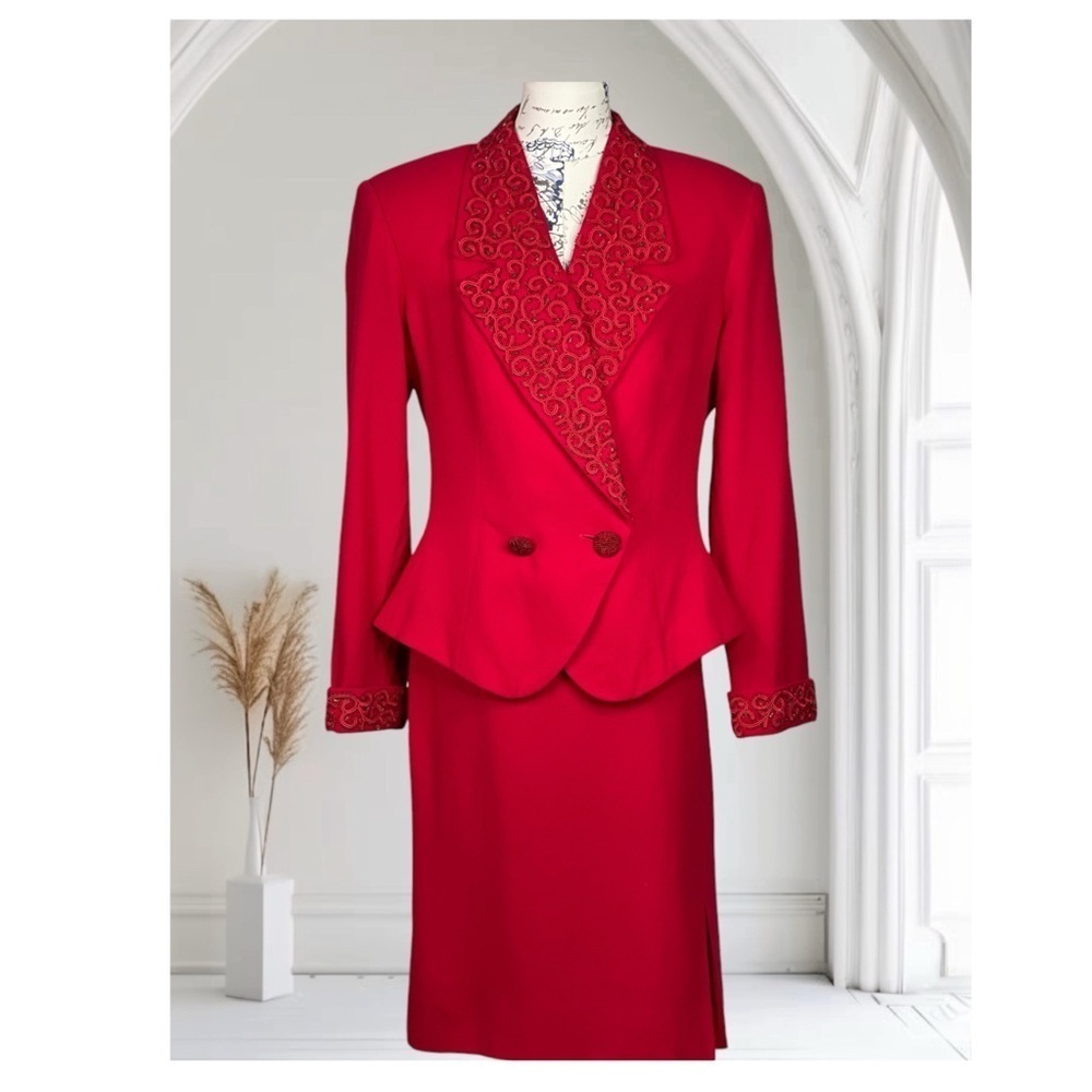 Vintage Red Nolan Miller wool crepe Suit with accent Beading 14